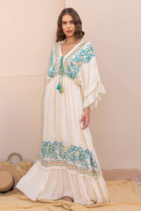 Label Reyya_White V-neck Threadwork Yoke Striped Kaftan _Online_at_Aza_Fashions