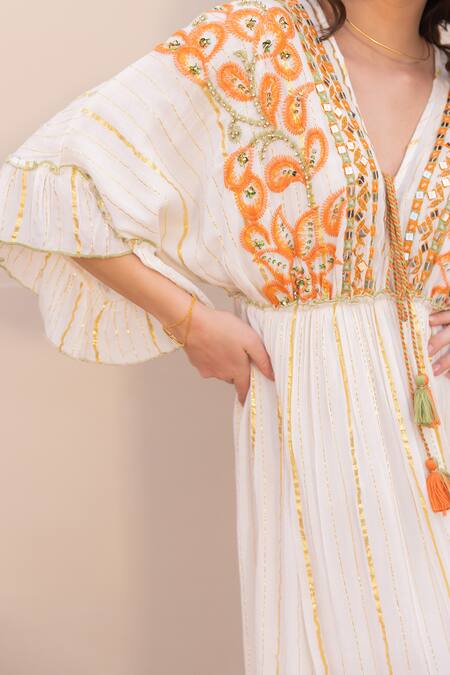 Buy_Label Reyya_White Cotton Rayon Embellished Sequins V-neck Striped Threadwork Kaftan _Online_at_Aza_Fashions