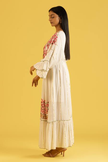Shop_Label Reyya_White Cotton Rayon Embellished Sequins V-neck Threadwork Striped Kaftan _Online_at_Aza_Fashions
