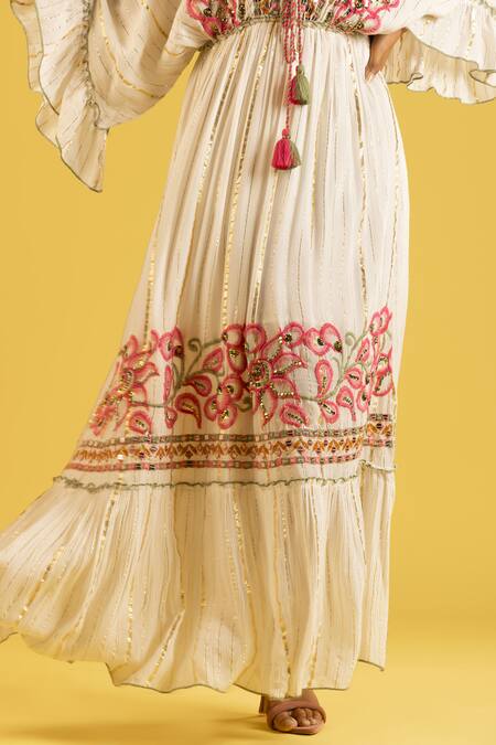 Shop_Label Reyya_White Cotton Rayon Embellished Sequins V-neck Threadwork Striped Kaftan 