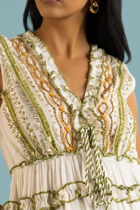 Label Reyya White Cotton, Rayon Sequins, Beads V-neck Leaf Block Print Tiered Gown Online at Aza Fashions Label Reyya_White Cotton, Rayon Sequins, Beads V-neck Leaf Block Print Tiered Gown _Online_at_Aza_Fashions