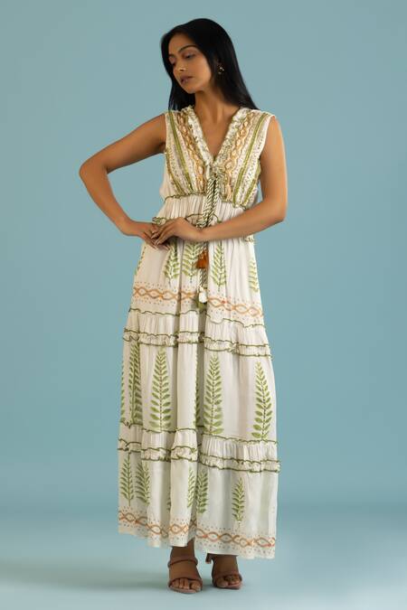 Shop Label Reyya White Cotton, Rayon Sequins, Beads V-neck Leaf Block Print Tiered Gown Online at Aza Fashions Shop_Label Reyya_White Cotton, Rayon Sequins, Beads V-neck Leaf Block Print Tiered Gown _Online_at_Aza_Fashions