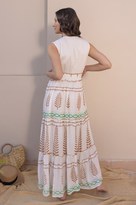 Shop Label Reyya White Cotton, Rayon Sequins, Beads V-neck Leaf Block Print Embellished Gown at Aza Fashions Shop_Label Reyya_White Cotton, Rayon Sequins, Beads V-neck Leaf Block Print Embellished Gown_at_Aza_Fashions