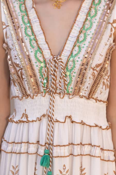 Buy Label Reyya White Cotton, Rayon Sequins, Beads V-neck Leaf Block Print Embellished Gown Online at Aza Fashions Buy_Label Reyya_White Cotton, Rayon Sequins, Beads V-neck Leaf Block Print Embellished Gown_Online_at_Aza_Fashions