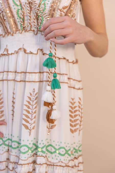 Shop Label Reyya White Cotton, Rayon Sequins, Beads V-neck Leaf Block Print Embellished Gown Online at Aza Fashions Shop_Label Reyya_White Cotton, Rayon Sequins, Beads V-neck Leaf Block Print Embellished Gown_Online_at_Aza_Fashions