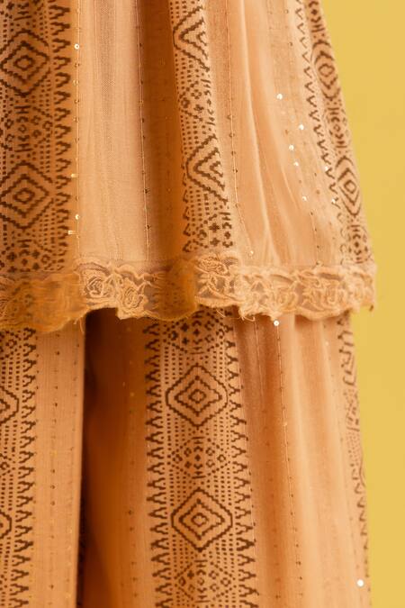 Label Reyya_Brown Rayon Sequins, Lace V-neck Geometric Print Top With Pant _Online_at_Aza_Fashions