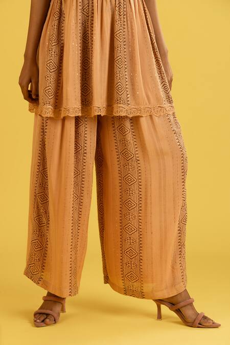 Buy_Label Reyya_Brown Rayon Sequins, Lace V-neck Geometric Print Top With Pant _Online_at_Aza_Fashions