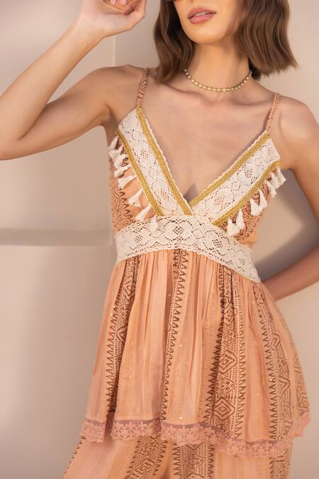 Buy_Label Reyya_Brown Rayon Sequins, Lace V-neck Geometric Print Top With Pant 