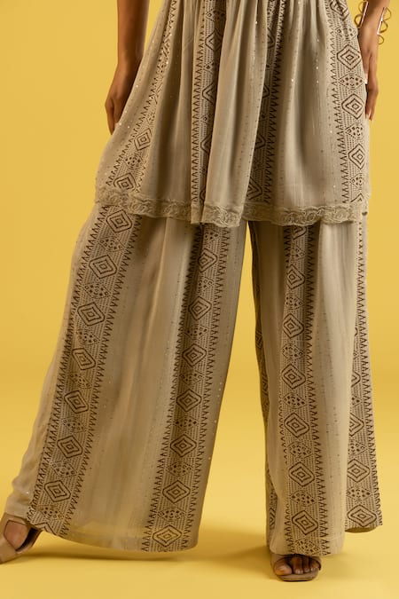 Label Reyya_Brown Rayon Sequins, Lace V-neck Geometric Print Top With Pant _Online_at_Aza_Fashions