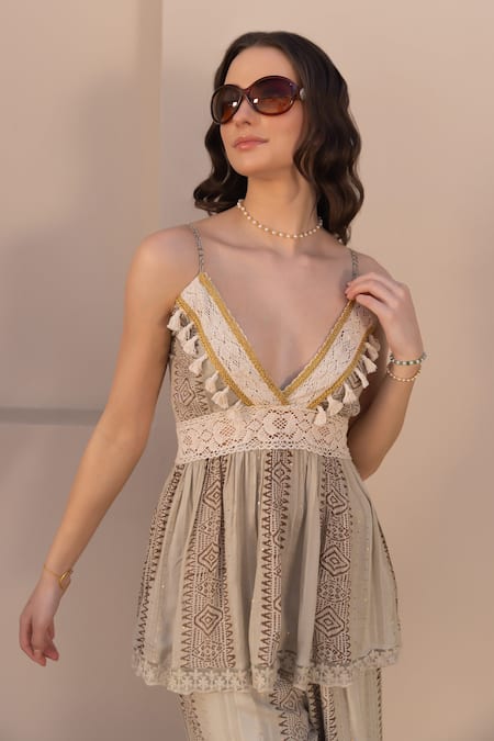 Shop_Label Reyya_Brown Rayon Sequins, Lace V-neck Geometric Print Top With Pant _Online_at_Aza_Fashions