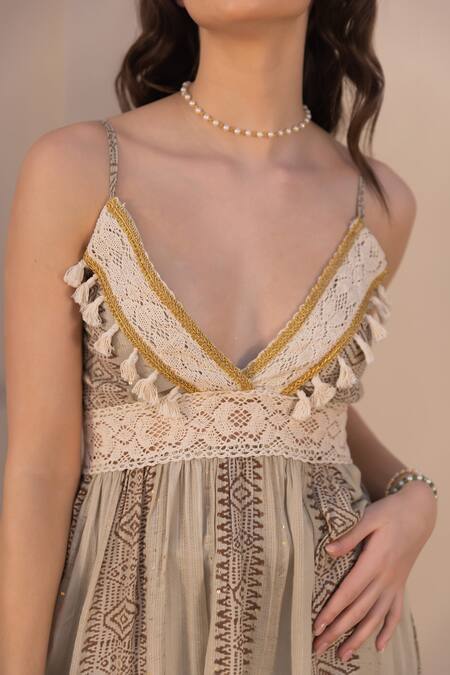 Label Reyya_Brown Rayon Sequins, Lace V-neck Geometric Print Top With Pant _at_Aza_Fashions