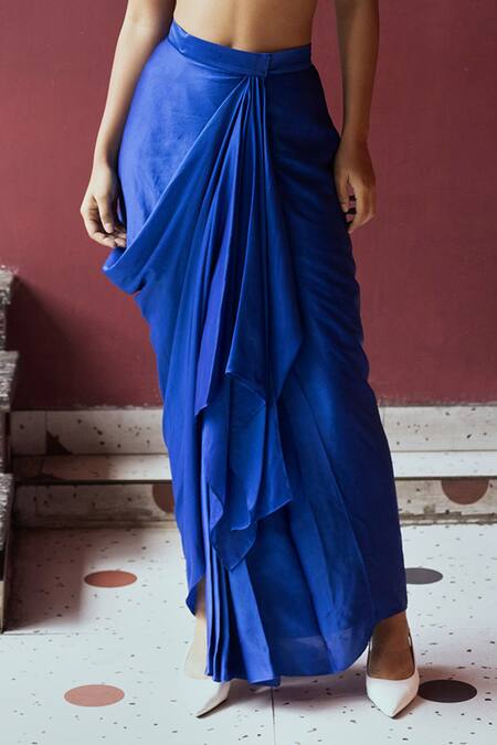 Pooja Bagaria Blue Silk, Satin Embroidery Sweetheart Neck Fizzy Fusion Solid Draped Skirt Set Online at Aza Fashions Pooja Bagaria_Blue Silk, Satin Embroidery Sweetheart Neck Fizzy Fusion Solid Draped Skirt Set _Online_at_Aza_Fashions