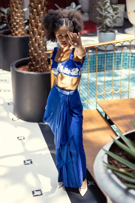 Shop Pooja Bagaria Blue Silk, Satin Embroidery Sweetheart Neck Fizzy Fusion Solid Draped Skirt Set Shop_Pooja Bagaria_Blue Silk, Satin Embroidery Sweetheart Neck Fizzy Fusion Solid Draped Skirt Set