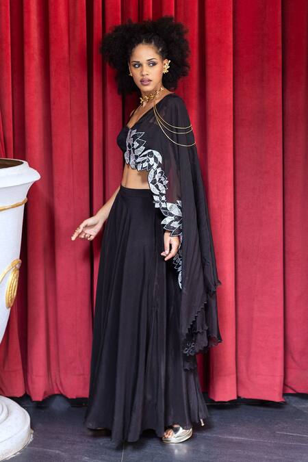 Pooja Bagaria Black Crepe, Organza Lace, Applique, Island Solid Palazzo Set With Drape Online at Aza Fashions Pooja Bagaria_Black Crepe, Organza Lace, Applique, Island Solid Palazzo Set With Drape _Online_at_Aza_Fashions