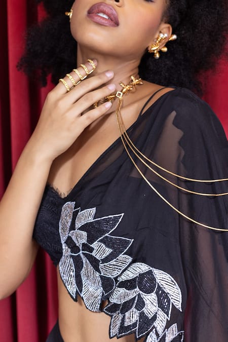 Buy Pooja Bagaria Black Crepe, Organza Lace, Applique, Island Solid Palazzo Set With Drape Online at Aza Fashions Buy_Pooja Bagaria_Black Crepe, Organza Lace, Applique, Island Solid Palazzo Set With Drape _Online_at_Aza_Fashions