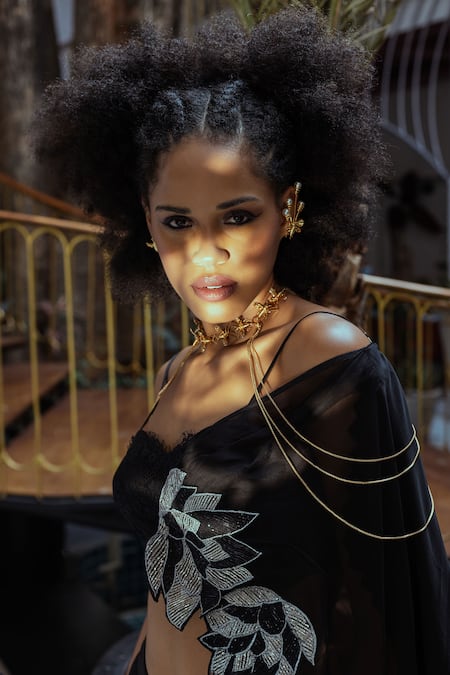 Shop Pooja Bagaria Black Crepe, Organza Lace, Applique, Island Solid Palazzo Set With Drape Online at Aza Fashions Shop_Pooja Bagaria_Black Crepe, Organza Lace, Applique, Island Solid Palazzo Set With Drape _Online_at_Aza_Fashions