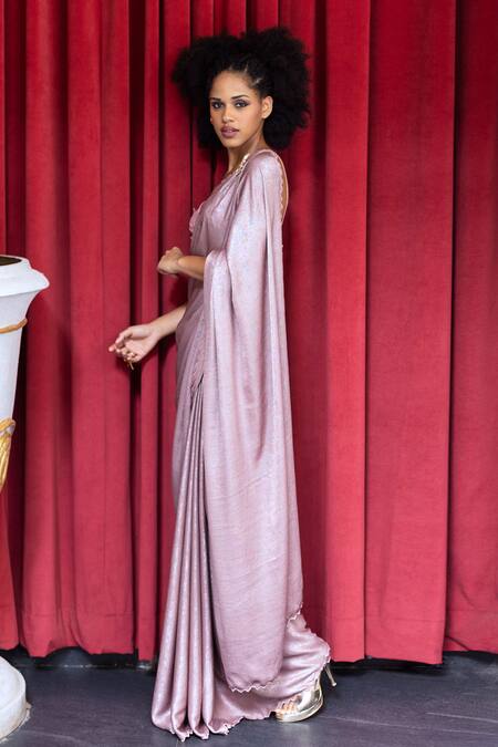 Buy_Pooja Bagaria_Pink Silk, Linen Embroidery Sweetheart Neck Promise Shimmer Saree With Blouse_Online_at_Aza_Fashions