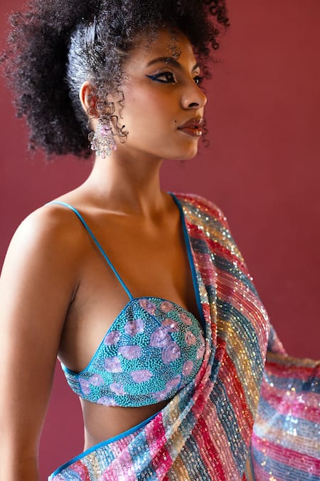 Pooja Bagaria Blue Silk, Spandex Sequins, Unicorn Kisses Work Pre-draped Saree With Blouse Online at Aza Fashions Pooja Bagaria_Blue Silk, Spandex Sequins, Unicorn Kisses Work Pre-draped Saree With Blouse _Online_at_Aza_Fashions