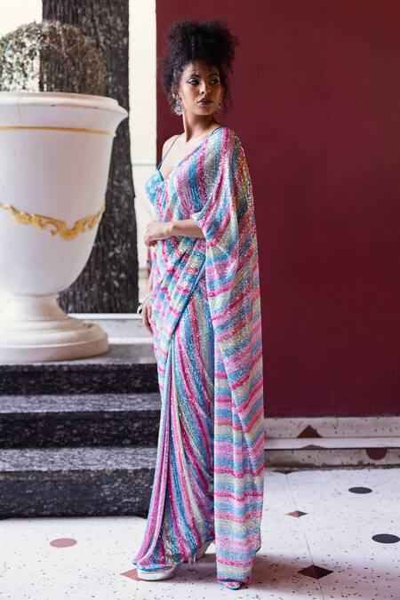 Buy Pooja Bagaria Blue Silk, Spandex Sequins, Unicorn Kisses Work Pre-draped Saree With Blouse Online at Aza Fashions Buy_Pooja Bagaria_Blue Silk, Spandex Sequins, Unicorn Kisses Work Pre-draped Saree With Blouse _Online_at_Aza_Fashions