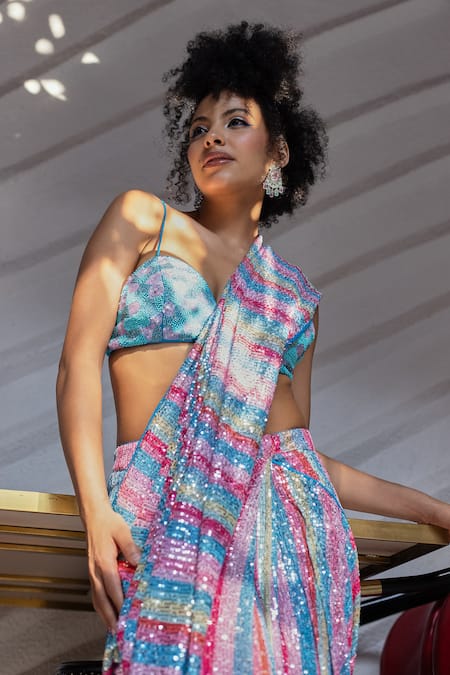 Pooja Bagaria Blue Silk, Spandex Sequins, Unicorn Kisses Work Pre-draped Saree With Blouse at Aza Fashions Pooja Bagaria_Blue Silk, Spandex Sequins, Unicorn Kisses Work Pre-draped Saree With Blouse _at_Aza_Fashions