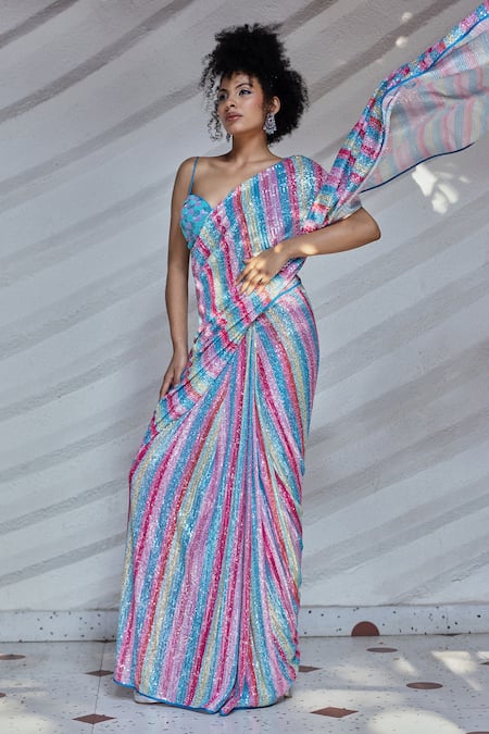 Buy Pooja Bagaria Blue Silk, Spandex Sequins, Unicorn Kisses Work Pre-draped Saree With Blouse Buy_Pooja Bagaria_Blue Silk, Spandex Sequins, Unicorn Kisses Work Pre-draped Saree With Blouse