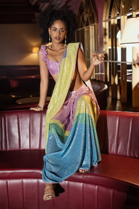 Buy Pooja Bagaria Pink Spandex, Silk Sequins, Cotton Candy Work Pre-draped Saree With Blouse Online at Aza Fashions Buy_Pooja Bagaria_Pink Spandex, Silk Sequins, Cotton Candy Work Pre-draped Saree With Blouse _Online_at_Aza_Fashions