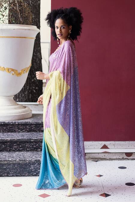 Pooja Bagaria Pink Spandex, Silk Sequins, Cotton Candy Work Pre-draped Saree With Blouse at Aza Fashions Pooja Bagaria_Pink Spandex, Silk Sequins, Cotton Candy Work Pre-draped Saree With Blouse _at_Aza_Fashions