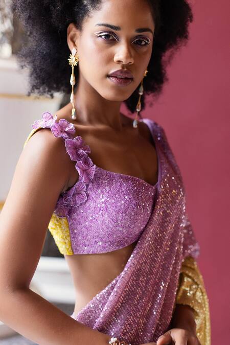 Buy Pooja Bagaria Pink Spandex, Silk Sequins, Cotton Candy Work Pre-draped Saree With Blouse Buy_Pooja Bagaria_Pink Spandex, Silk Sequins, Cotton Candy Work Pre-draped Saree With Blouse