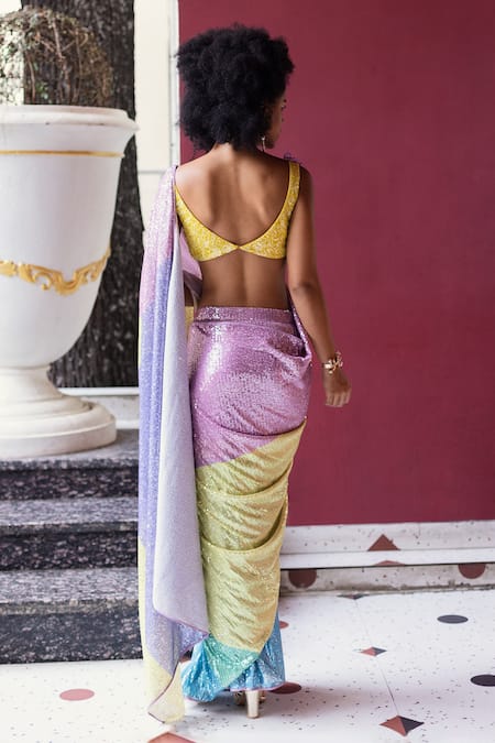 Shop Pooja Bagaria Pink Spandex, Silk Sequins, Cotton Candy Work Pre-draped Saree With Blouse at Aza Fashions Shop_Pooja Bagaria_Pink Spandex, Silk Sequins, Cotton Candy Work Pre-draped Saree With Blouse _at_Aza_Fashions