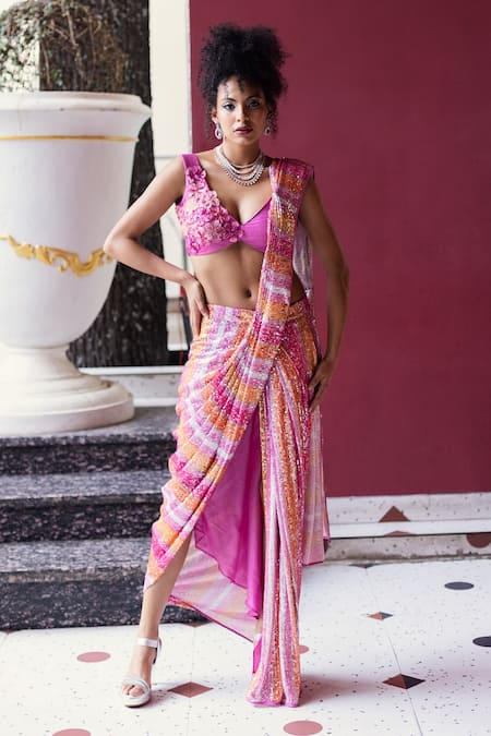 Pooja Bagaria_Pink Silk, Spandex Embroidery, Sequins Embellished Pre-draped Saree And Blouse Set _Online_at_Aza_Fashions