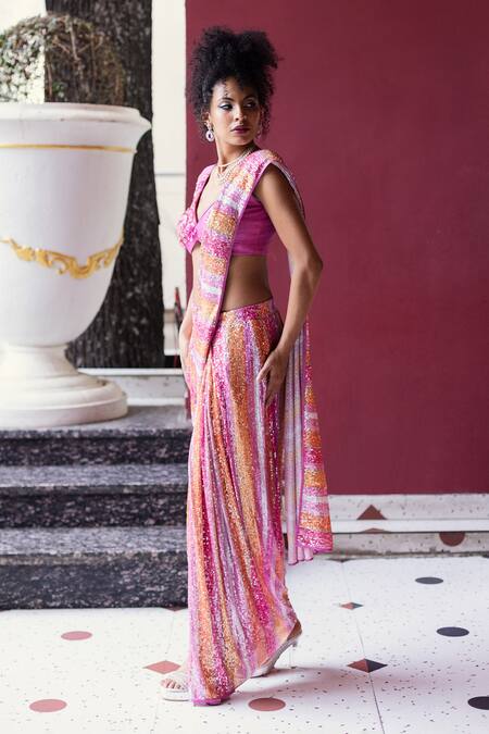 Buy_Pooja Bagaria_Pink Silk, Spandex Embroidery, Sequins Embellished Pre-draped Saree And Blouse Set _Online_at_Aza_Fashions