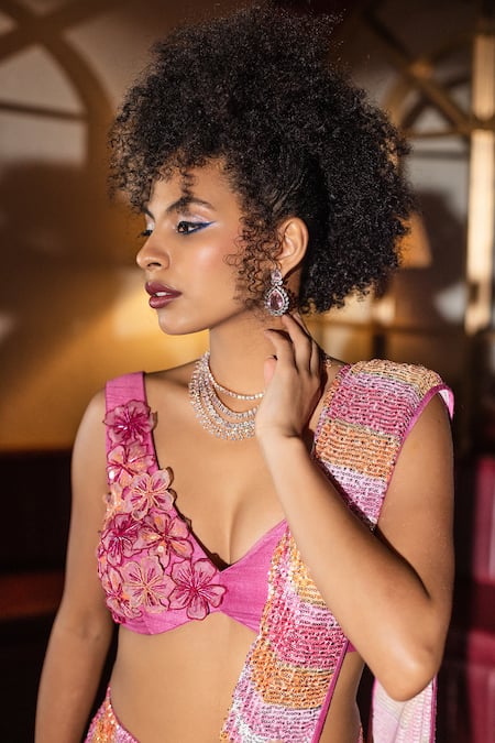 Pooja Bagaria_Pink Silk, Spandex Embroidery, Sequins Embellished Pre-draped Saree And Blouse Set _at_Aza_Fashions