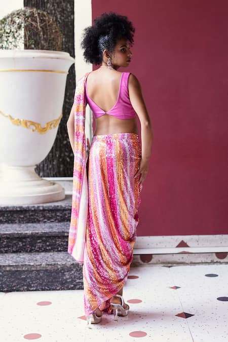 Shop_Pooja Bagaria_Pink Silk, Spandex Embroidery, Sequins Embellished Pre-draped Saree And Blouse Set _at_Aza_Fashions