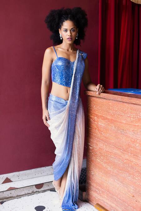 Pooja Bagaria_Blue Spandex, Linen Ombre Embroidered Pre-draped Saree With Corset Blouse _Online_at_Aza_Fashions