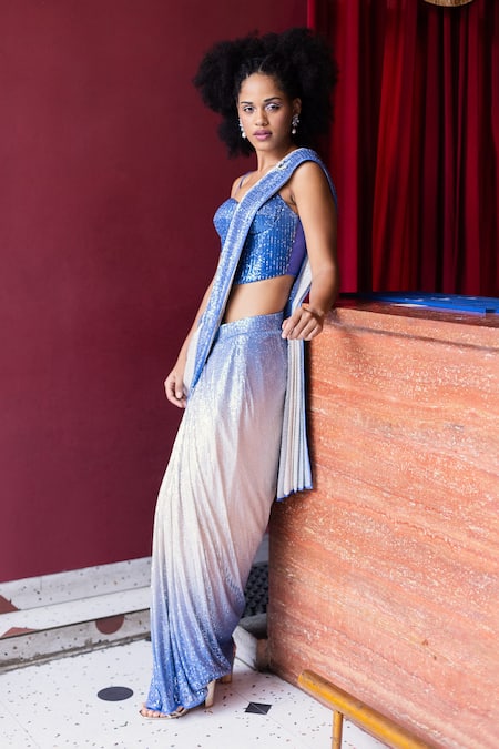 Buy_Pooja Bagaria_Blue Spandex, Linen Ombre Embroidered Pre-draped Saree With Corset Blouse _Online_at_Aza_Fashions