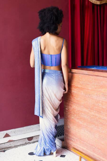Shop_Pooja Bagaria_Blue Spandex, Linen Ombre Embroidered Pre-draped Saree With Corset Blouse _Online_at_Aza_Fashions