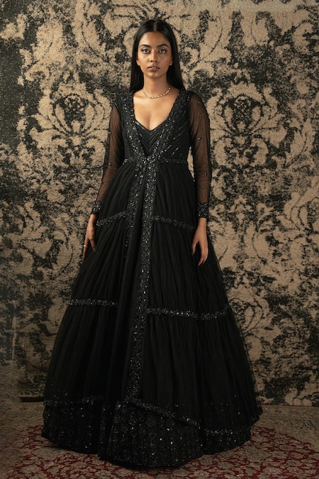 Shop_Jigar & Nikita_Black Organza, Net Cut Work, Sequins, Cutdana Embroidered Anarkali With Shrug _at_Aza_Fashions