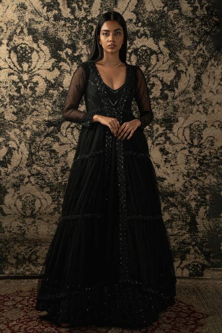 Jigar & Nikita_Black Organza, Net Cut Work, Sequins, Cutdana Embroidered Anarkali With Shrug _Online_at_Aza_Fashions