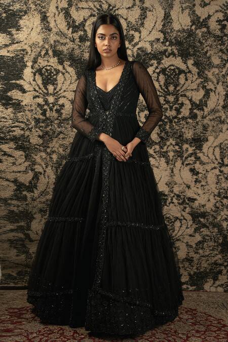 Shop_Jigar & Nikita_Black Organza, Net Cut Work, Sequins, Cutdana Embroidered Anarkali With Shrug _Online_at_Aza_Fashions