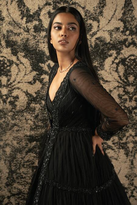 Jigar & Nikita_Black Organza, Net Cut Work, Sequins, Cutdana Embroidered Anarkali With Shrug _at_Aza_Fashions