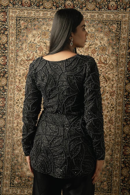 Shop_Jigar & Nikita_Black Organza, Silk Beads, Cut Work, Sequins Embroidered Jacket And Palazzo Set _at_Aza_Fashions
