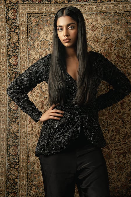 Jigar & Nikita_Black Organza, Silk Beads, Cut Work, Sequins Embroidered Jacket And Palazzo Set _Online_at_Aza_Fashions