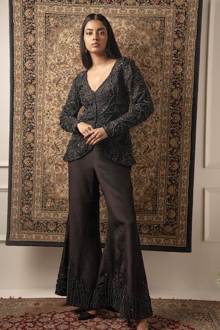 Shop_Jigar & Nikita_Black Organza, Silk Beads, Cut Work, Sequins Embroidered Jacket And Palazzo Set _Online_at_Aza_Fashions