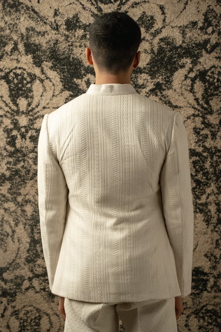 Shop_Jigar & Nikita_Ivory Silk, Georgette Sequins, Embroidery Floral Bandhgala Set _at_Aza_Fashions