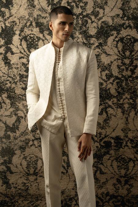 Jigar & Nikita_Ivory Silk, Georgette Sequins, Embroidery Floral Bandhgala Set _Online_at_Aza_Fashions