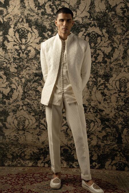 Buy_Jigar & Nikita_Ivory Silk, Georgette Sequins, Embroidery Floral Bandhgala Set _Online_at_Aza_Fashions