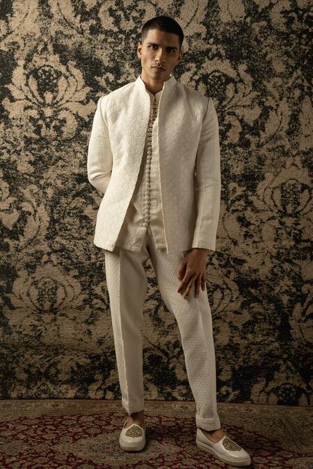 Shop_Jigar & Nikita_Ivory Silk, Georgette Sequins, Embroidery Floral Bandhgala Set _Online_at_Aza_Fashions