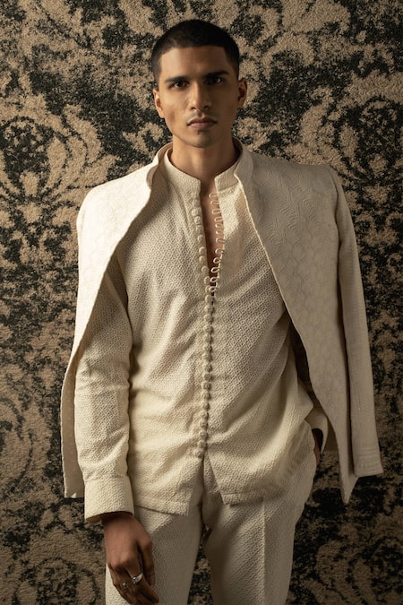 Jigar & Nikita_Ivory Georgette Embroidery Geometric Shirt Kurta And Pant Set _Online_at_Aza_Fashions