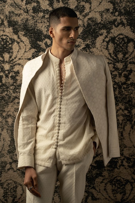 Buy_Jigar & Nikita_Ivory Georgette Embroidery Geometric Shirt Kurta And Pant Set _Online_at_Aza_Fashions