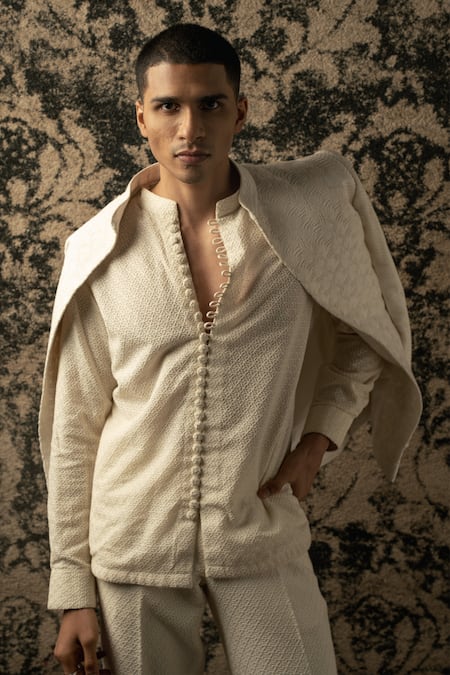 Shop_Jigar & Nikita_Ivory Georgette Embroidery Geometric Shirt Kurta And Pant Set _Online_at_Aza_Fashions